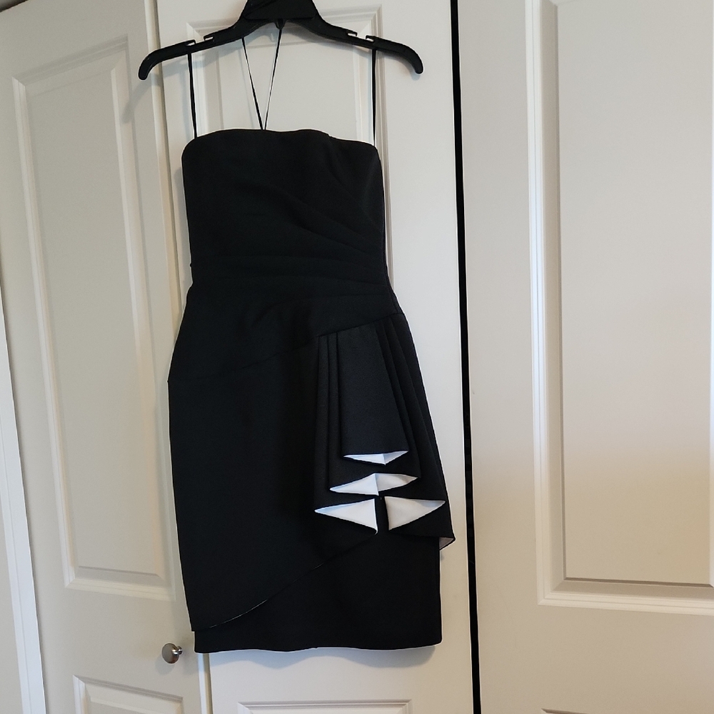 Black and White Asymmetrical Cut Out Strapless Cocktail Dress